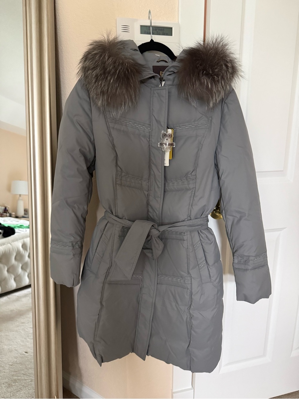 Women's Gray Puffer Coat with Real Fur-Trim Hood size L